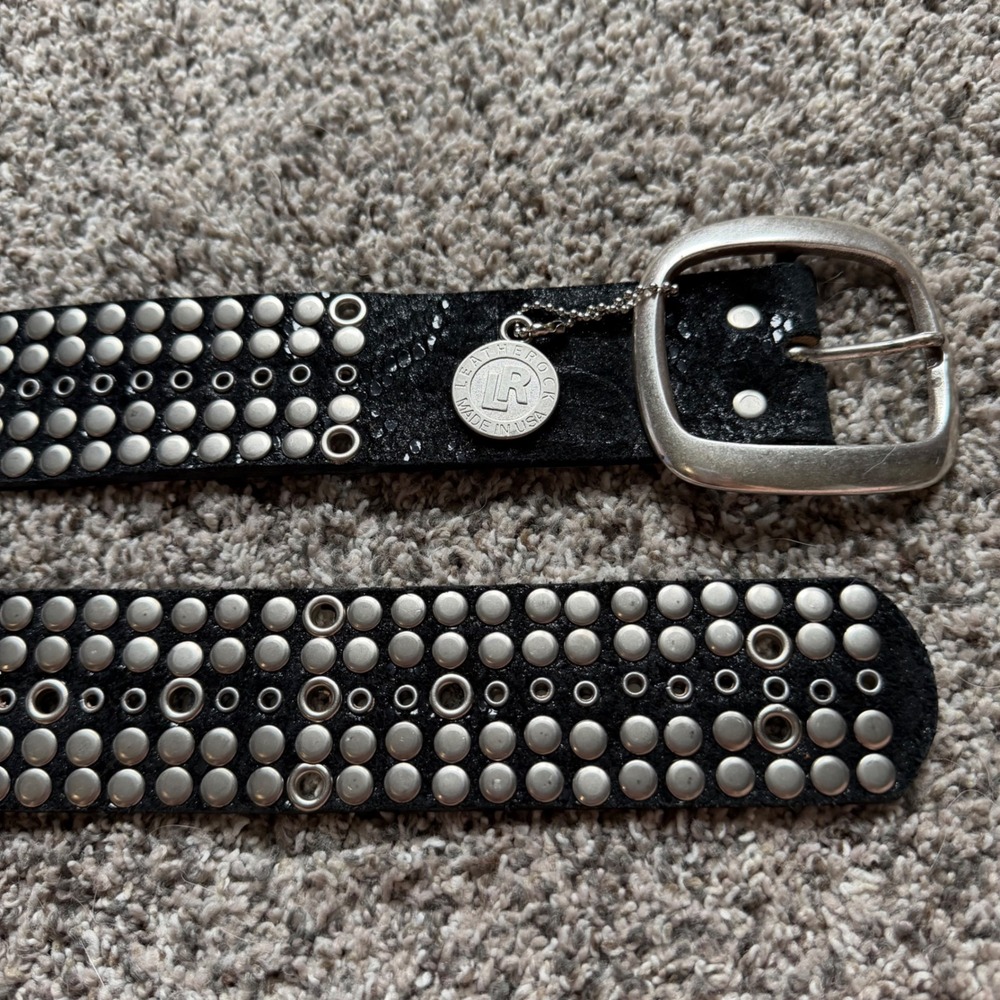 Leatherock Black Studded Leather Belt Silver Grommet Rocker Made in USA Women